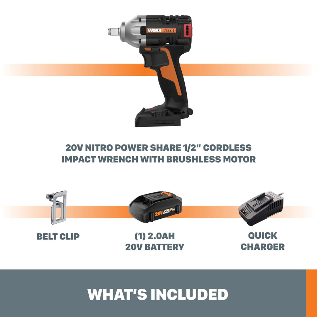 Worx WX272L Cordless 20V Nitro Power Share 1/2" Impact Wrench - 0