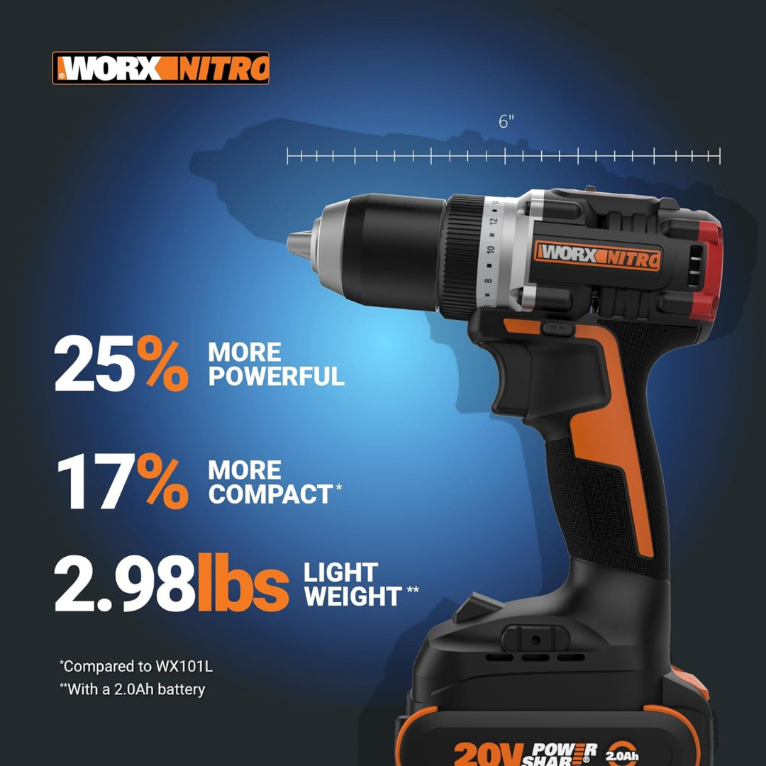 Worx WX130L Cordless 20V Nitro Power Share 1/2" Compact Drill Driver