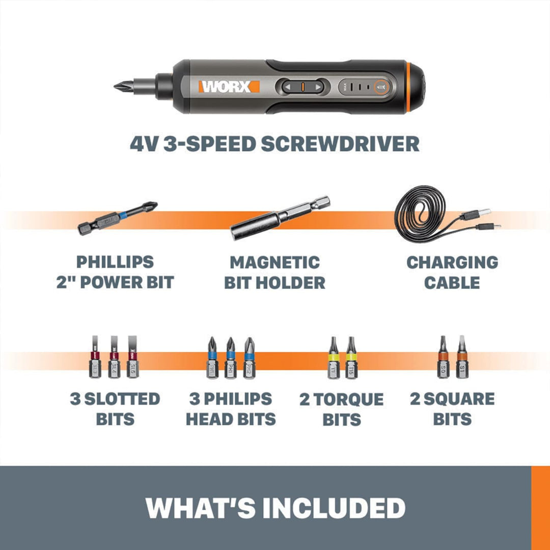 Worx WX240L Cordless 4V Electric 3-Speed Screwdriver with 12 Bits