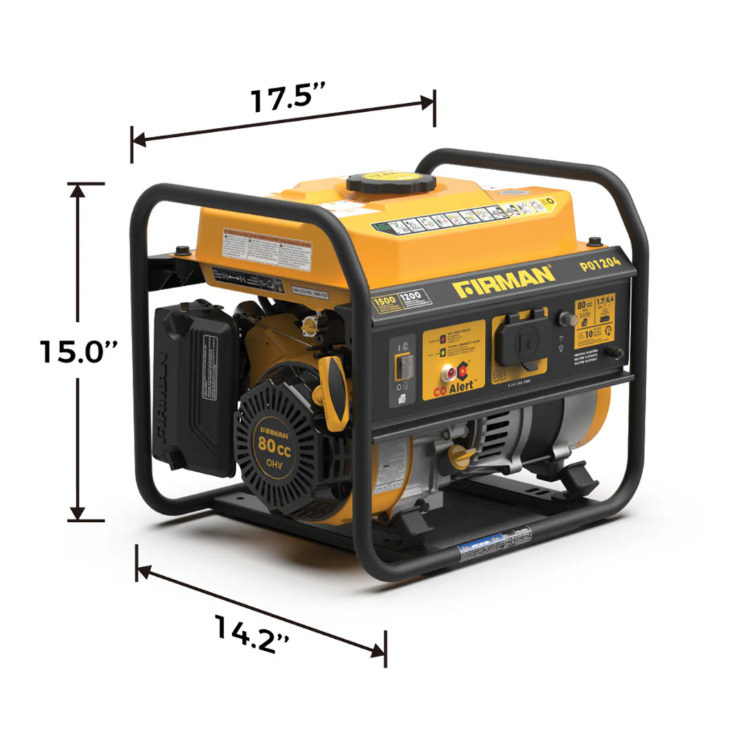 Firman P01204 Portable Gas Generator, 1500W Recoil Start w/ CO Alert