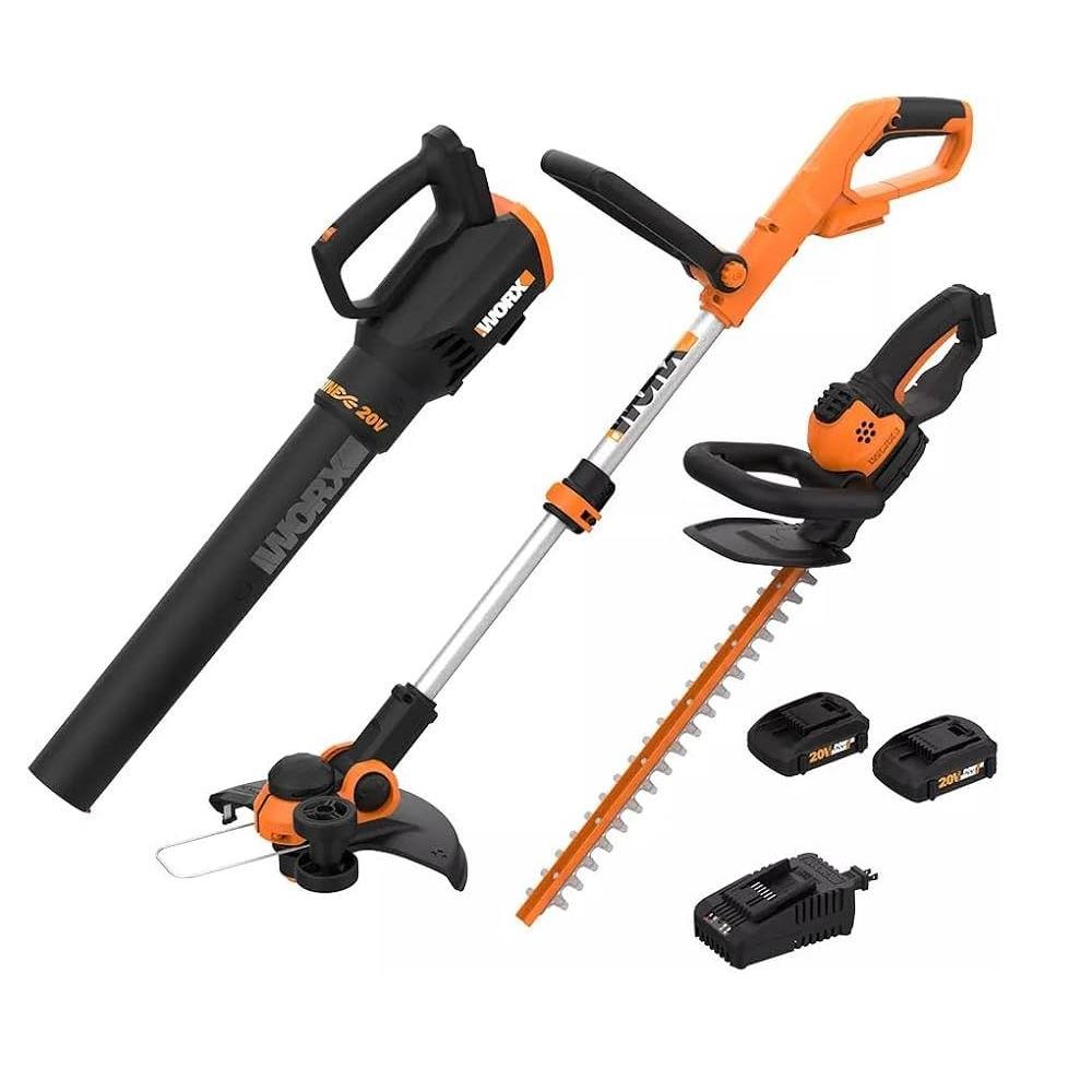 Worx WG933 Cordless 20V Leaf Blower, 12" String Trimmer & 22" Hedge Trimmer Kit