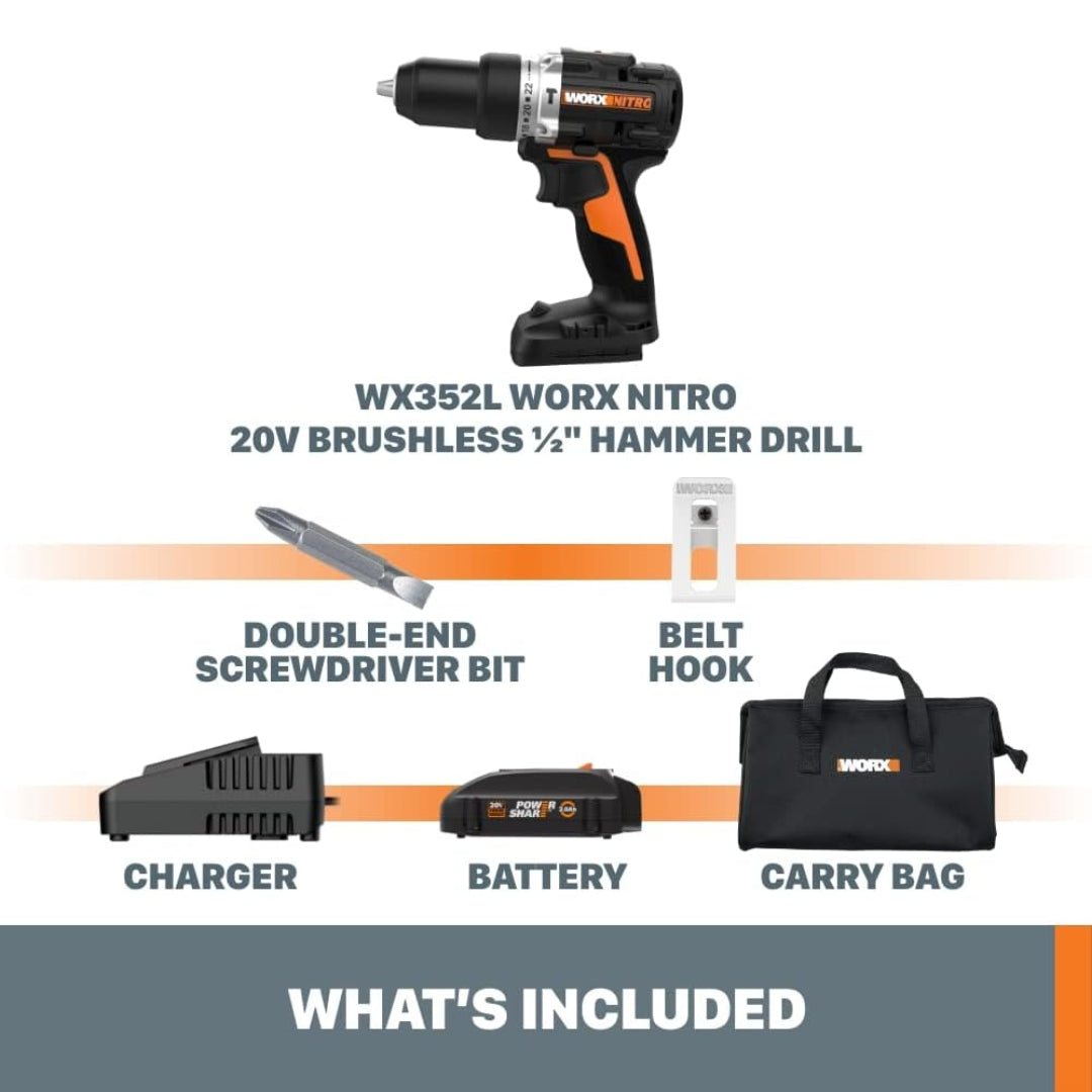 Worx WX352L Cordless 20V Nitro Power Share 1/2" Hammer Drill